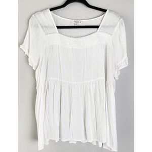 Umgee Womens Swiss Dot Babydoll Blouse XL‎ White Cottagecore Peasant Romantic